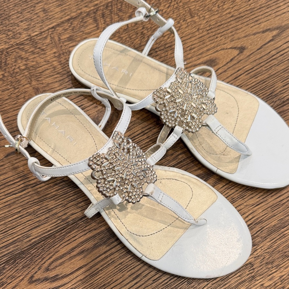 Tahari White Sandals with Embellished Accents